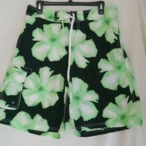 Mens swim board shorts RS Surf 34 36 black green white hibiscus
